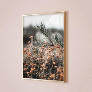 May include: A framed print showing a close-up of a field of small, orange flowers and green pine needles. The background is blurred, with a soft, neutral colour palette. The frame is gold.