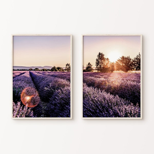Set of 2 Lavender Fields at Sunset Printable Photography, Provence France 2 Pieces Large Wall Art, Farmhouse Spring Wall Decor