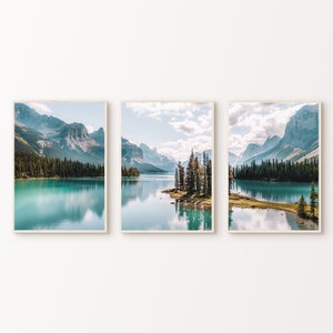 Printable Nature Set of 3 Prints, Canada Mountain Lake 3 Pieces Large Wall Art, Scenic Forest Landscape Split Photography, Farmhouse Decor