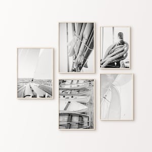 Printable Sailing Set of 5 Photography, Black and White Boats Coastal Print, Nautical Large Wall Art, Seascape Poster, Beach Cottage Decor