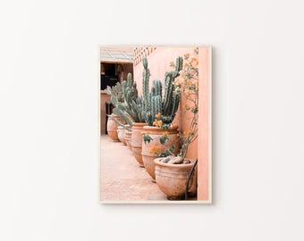 Utskrivbar väggkonst med blommor och kaktus, pastellfärgad mexikansk fotografi, digitalt tryck med boho kaktusar, stor botanisk väggkonst, mexikansk väggdekor