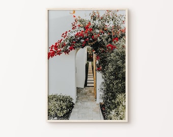 Arte mural mediterráneo de primavera, fotografía imprimible de Grecia, arte mural floral de Grecia, póster de viaje a Europa, impresión arquitectónica de las Cícladas