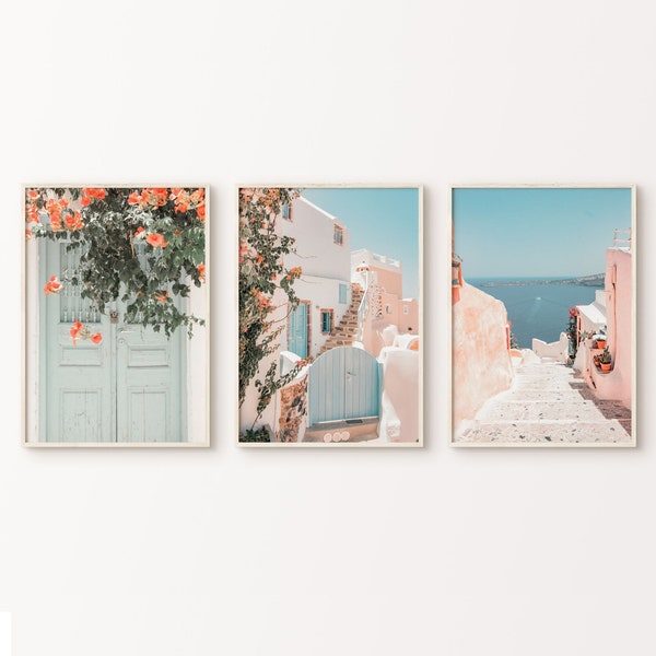 Greece Prints Set of 3 Wall Art Printable, Boho Santorini Gallery Wall Set, Blush Mediterranean Art, Neutral Beach Photography Travel Poster