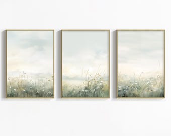 Juego de 3 impresiones de flores silvestres, arte mural grande imprimible con paisaje natural, impresión digital verde, arte mural abstracto en acuarela, descarga instantánea
