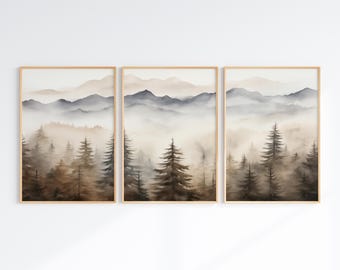 Mountain Forest Prints Set of 3, Printable Foggy Landscape Poster, Misty Forest 3 Pieces Wall Art, Nature Painting, Pine Trees Triptych
