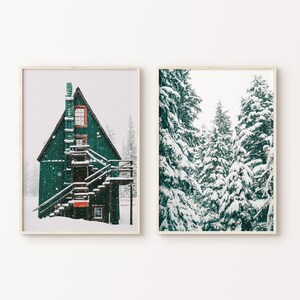 Set of 2 Snowy Forest DIGITAL Print, Printable Pine Tree Photography, Winter Theme 2 Pieces Wall Art, Christmas Wall Decor, Green Barn Print