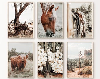 Western Decor, Printable Set of 6 Cowboy Prints, Boho Western Large Wall Art, Farmhouse Gallery Wall, Highland Cow Photography, Horse Poster