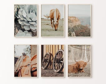 Southwest Set of 6 Printable Photography, Boho Western Gallery Wall Set, Highland Cow Large Wall Art, Rustic Farmhouse Decor, Horse Prints