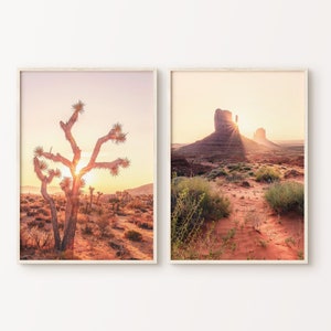 Joshua Tree print, blozen roze 2 stukken kunst aan de muur, Arizona woestijn Art Print set, cactus kunst, afdrukbare poster, zonsondergang woestijn fotografie print