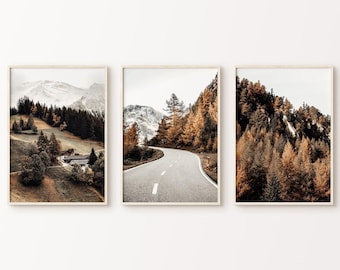 Mountain Landscape Set of 3 Printable Photography, Nordic Forest 3 Pieces Large Wall Art, Mountain Road Poster, Nature Digital Prints Set