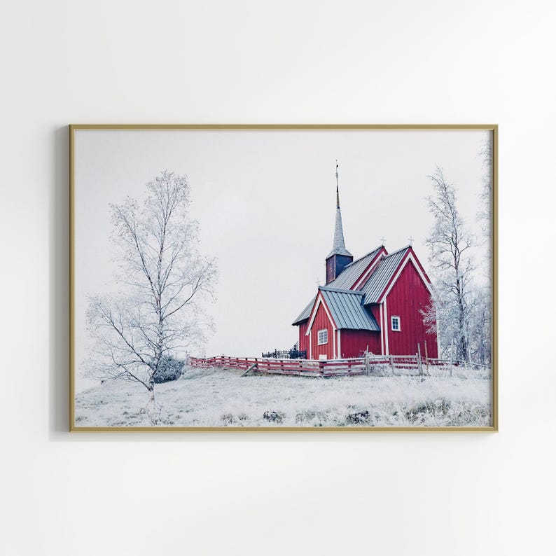 Winter Landscape Print, Printable Nordic Church Wall Art, Snowy Christmas Poster, Winter Wonderland Wall Art, Snowy Nature Photography Print image 5