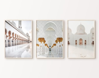 Set of 3 Abu Dhabi PRINTABLE Photography, White Mosque Prints, Islamic Large 3 Pieces Wall Art, Architecture Poster, Oriental Travel Poster