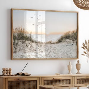 Arte mural costero neutro, fotografía de paisaje playero imprimible, póster de paisaje marino, arte mural grande oceánico, impresión digital de dunas de playa tranquilas