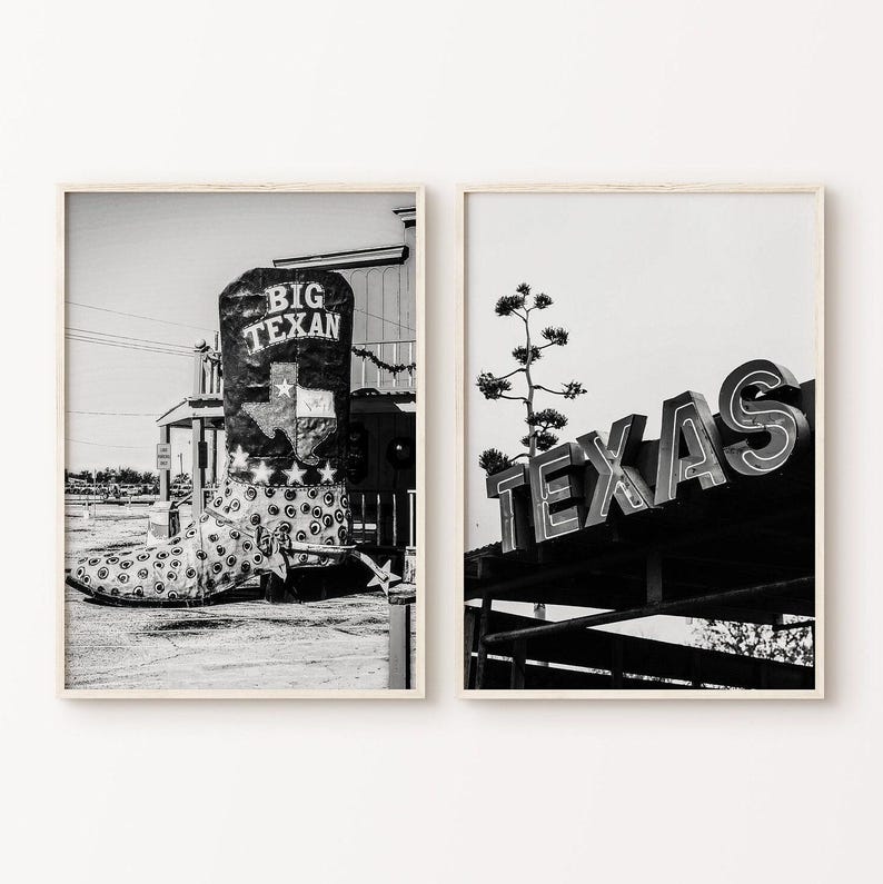 Printable Texas 2 Pieces Wall Art, Cowboy Set of 2 Prints, Black and White Texas Photography, Cowboy Boot Poster, Farmhouse Western Wall Art image 1