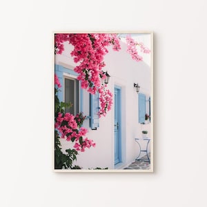 Fotografía imprimible de Grecia, arte mural grande bohemio de Santorini, impresión mediterránea, impresión costera, póster floral de Grecia, fotografía europea