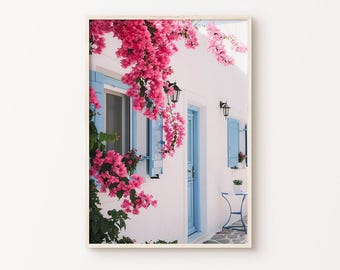 Greece Printable Photography, Boho Santorini Large Wall Art, Mediterranean Print, Coastal Print, Floral Greece Poster, Europe Photography