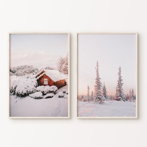 Verschneite Winterlandschaft Set mit 2 DIGITALEN Drucken, druckbare nordische Wandkunst, Weihnachtsplakat, Schneewald 2 Stück Wandkunst, Hüttenwandkunst
