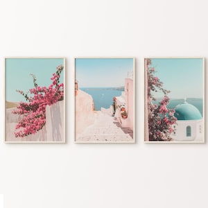 Santorini Prints Set of 3 Wall Art, Boho Greece Gallery Wall Set, Blush Mediterranean Art, Neutral Beach Photography Travel Poster Print Set