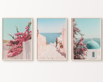 Santorini Prints Set of 3 Wall Art, Boho Greece Gallery Wall Set, Blush Mediterranean Art, Neutral Beach Photography Travel Poster Print Set