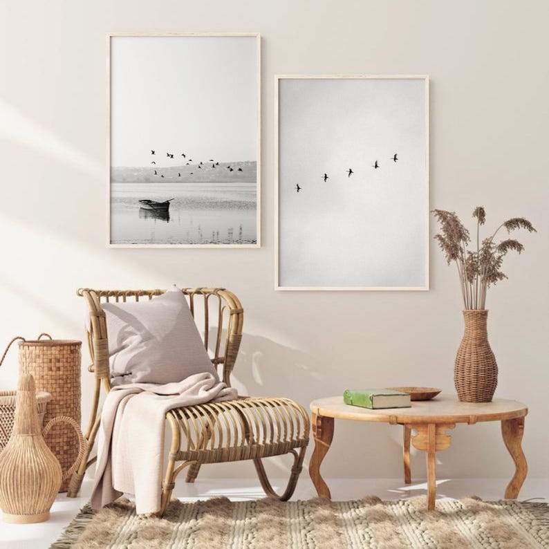 Druckbares Set aus 2 schwarzweißen Seebildern, Vogelschwarm Druck, Küstenlandschaft, Vogelschwarm Fotografie Bild 5
