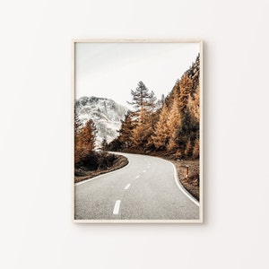Druckbare Bergstraße Fotografie, Nordischer Schweizer Wald große Wandkunst, Schweiz Herbst Landschaft Poster, Herbst Natur Digitaldruck