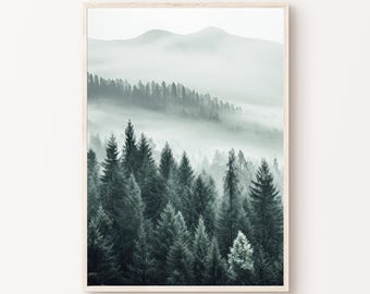 Forest Photography, Printable Foggy Mountain Landscape Print, Misty Forest Large Wall Art, Nature Mountain Poster - Digital Art