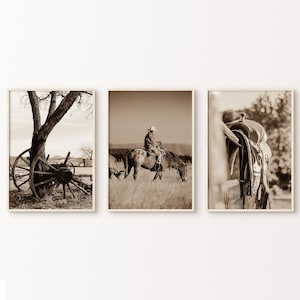 Set of 3 Cowboy DIGITAL Prints, Rustic Western 3 Pieces Wall Art, Printable Farmhouse Photography Decor, Southwest Sepia Poster, Horse Art