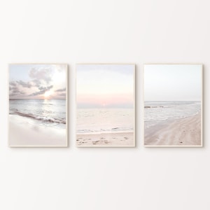 Arte de la pared costera, conjunto de playa boho de 3 impresiones, olas del océano imprimibles 3 piezas de arte de la pared, fotografía de playa silenciada, cartel de paisaje marino pastel