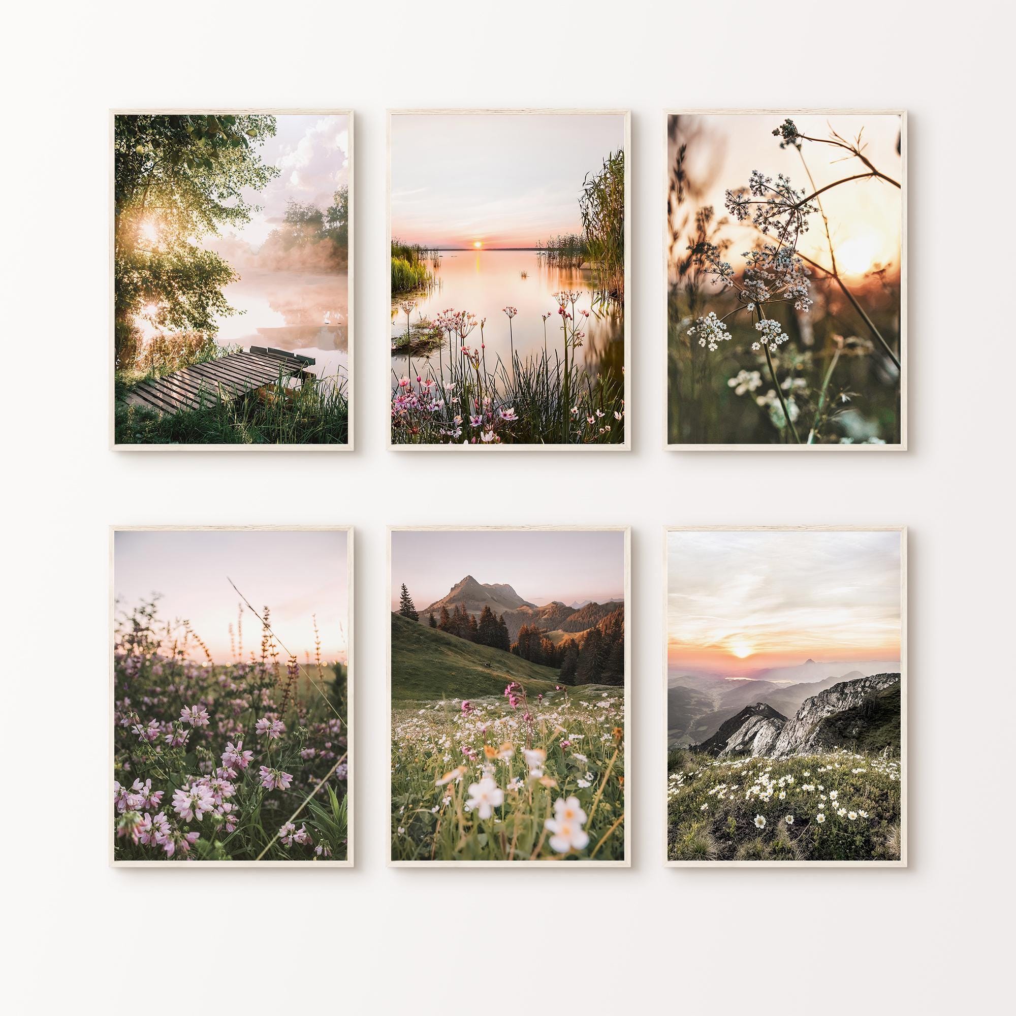 Nature Set of 6 Photography, Printable Wildflowers 6 Pieces Wall Art, Green Nature Print Set, Forest Mountain Landscape Digital Download Art