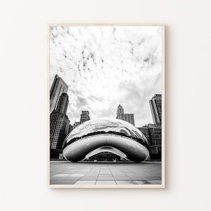 Photographie imprimable de Chicago, impression Chicago Skyline Cloud Gate, grand art mural Chicago noir et blanc, affiche de la ville américaine
