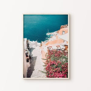 Fotografía imprimible de paisajes de Santorini, arte mural de Grecia, impresión mediterránea, arte mural de pueblos griegos, póster de viajes por Europa, decoración costera