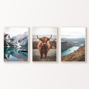 Highland Cow Photography Prints, Printable Nature Art Gallery Wall Set of 3 Print, Rustic Landscape 3 Pieces, Mountain Lake Large Wall Art