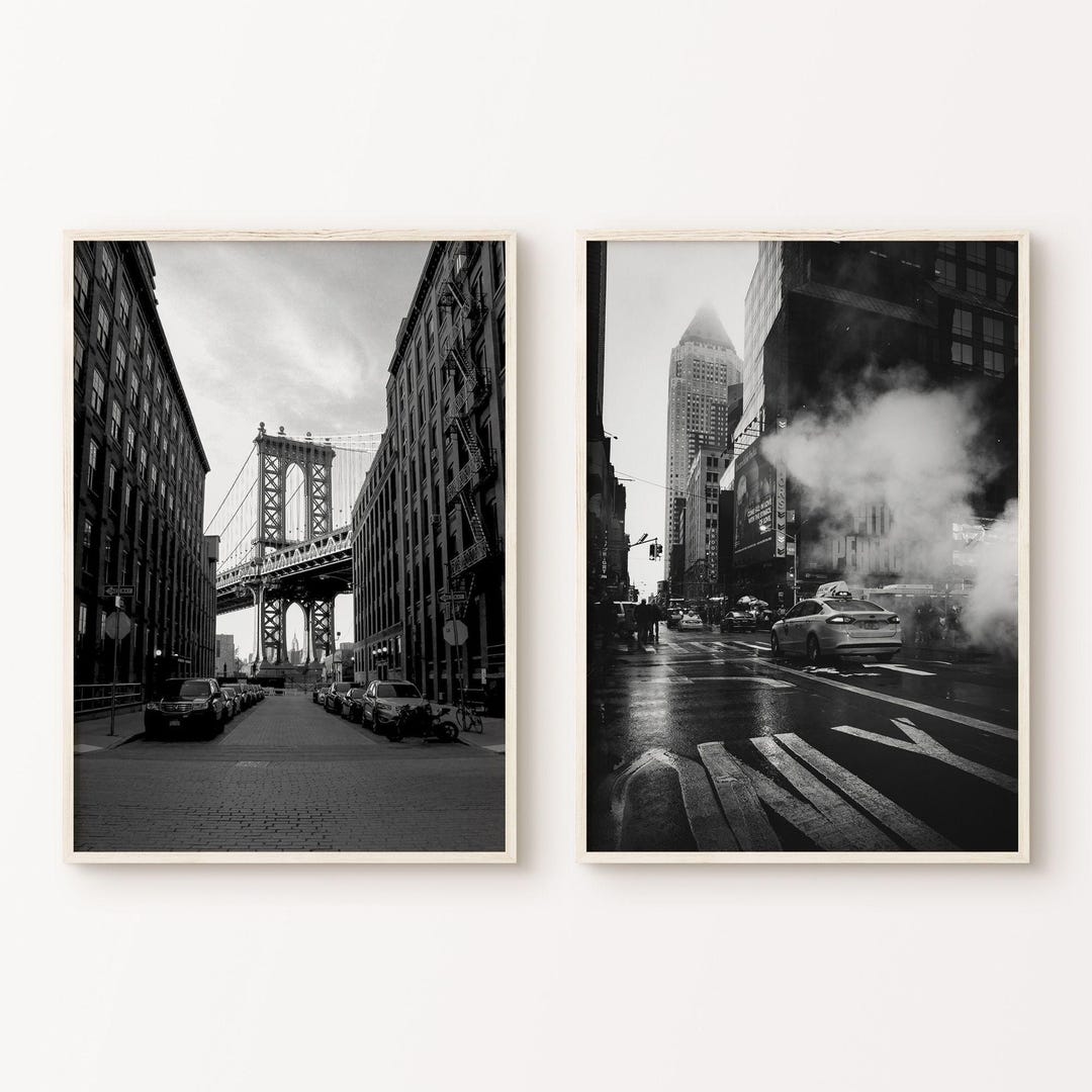 New York City Set of 2 Prints, Black and White Brooklyn Digital Print ...