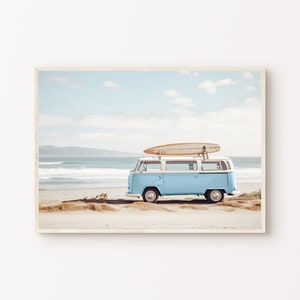 Fotografía de playa imprimible, arte de pared grande costero en tonos azules, impresión retro de tabla de surf, impresión oceánica, póster tropical, descarga digital