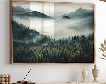Mountain Forest Large Wall Art, Printable Foggy Landscape Print, Misty Forest Photography, Nature Mountain Horizontal Poster - Digital Art