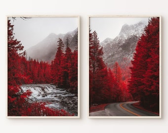 Red Fall Forest Set of 2 Prints, PRINTABLE Autumn Nature Large Wall Art, Red Leaf Forest Photography Print Set, Rustic Farmhouse Wall Decor