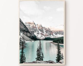 Fotografia de montanha de inverno para impressão, paisagem nevada, 2 peças, arte de parede grande, impressões de cabana com tema de inverno, impressões de floresta de pinheiros, arte de lago