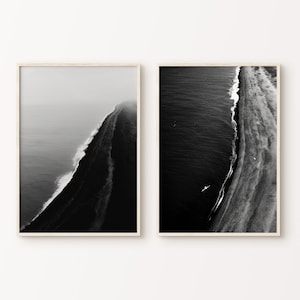 Conjunto de 2 impresiones de olas oceánicas, impresiones digitales de fotografía costera, póster del océano negro, arte de pared grande de 2 piezas de playa oscura, impresión aérea de playa