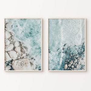 Conjunto de 2 impresiones aéreas de playa, impresión DIGITAL de Boho Beach Cottage, impresión de fotografía de olas oceánicas, cartel del océano, arte de pared grande costero de 2 piezas