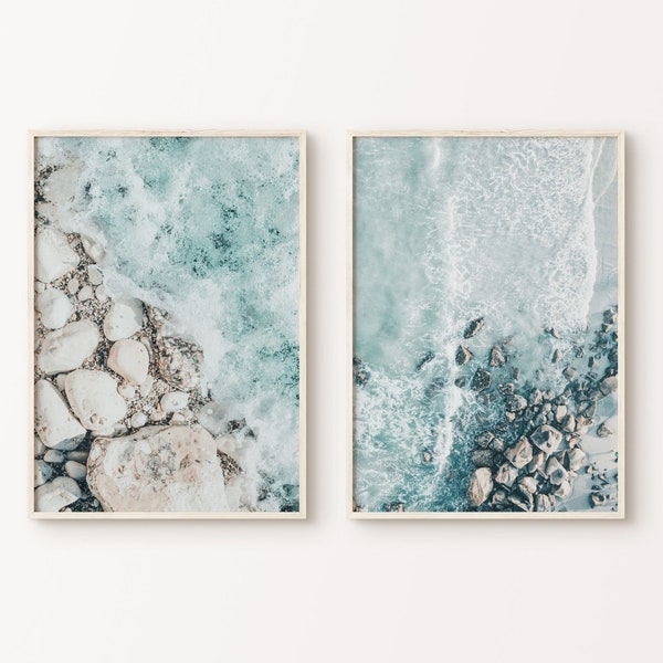 Set of 2 Aerial Beach Print, Boho Beach Cottage DIGITAL Print, Ocean Wave Photography Print, Ocean Poster, Coastal 2 Pieces Large Wall Art