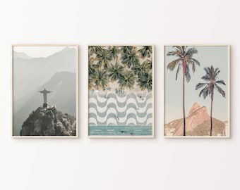 Printable Rio de Janeiro Set of 3 Photography, Brazil 3 Pieces Large Wall Art, Palm Tree Print, Brazil City Wall Set, South America Poster