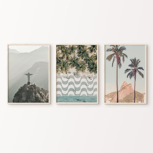 Conjunto de 3 fotografías imprimibles de Río de Janeiro, arte mural grande de 3 piezas de Brasil, impresión de palmeras, conjunto de pared de ciudad de Brasil, póster de Sudamérica