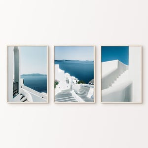 Conjunto de 3 láminas de Grecia, Santorini (3 piezas de arte mural imprimible), fotografía minimalista mediterránea, póster de viaje costero, imágenes de Grecia