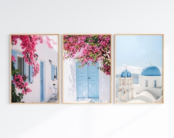 Greece Set of 3 Photography, Printable Boho Santorini Gallery Wall Set, Mediterranean 3 Pieces Wall Art, Coastal Print, Floral Greece Poster