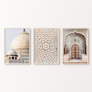 Printable India Set of 3 Photography, Taj Mahal Print, Boho Indian Monument 3 Pieces Large Wall Art, Travel Poster Set, Mosaic Wall Art