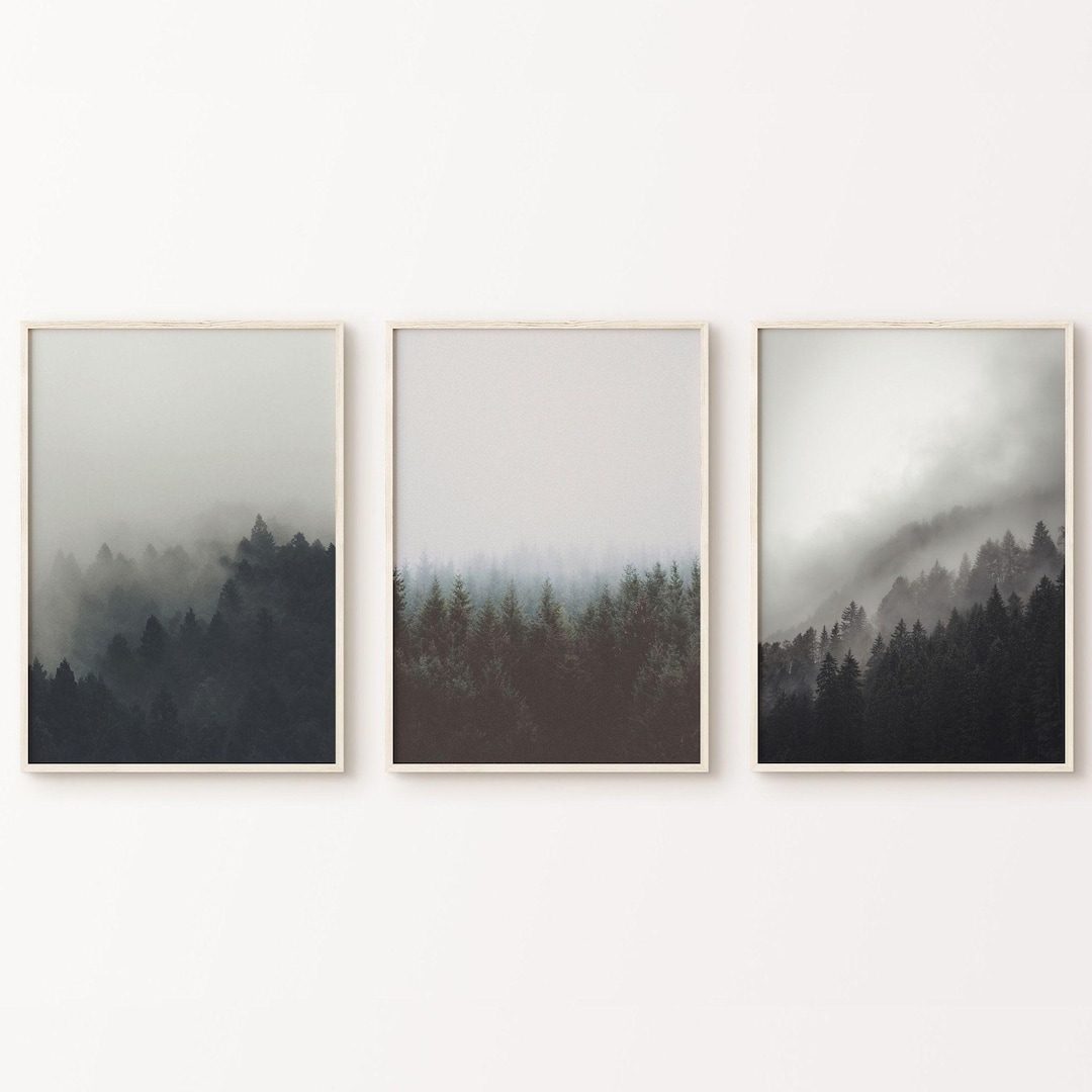 Nordic Wall Art Set of 3, Mountain Foggy Forest Poster, Misty Forest 3 ...