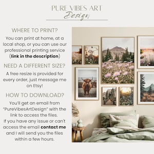 The image is a collage of various landscape photographs, including a pastoral scene with a cow and a field of flowers, as well as other natural scenery. The collage is displayed on a wall, and the text provides information about where to print the photographs and how to download them.