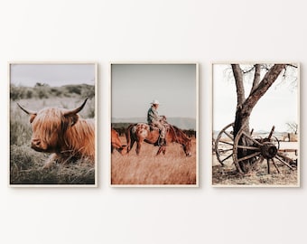Western Set of 3 DIGITAL Prints, Southwest Farmhouse 3 Pieces Large Wall Art, Highland Cow Photography, Cowboy Print, Cattle Printable Art