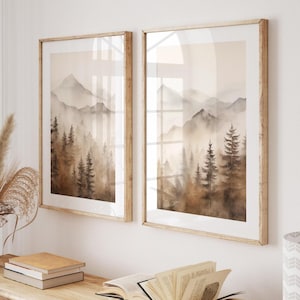 Juego de 2 impresiones de paisaje montañoso neutro, decoración de pared abstracta moderna imprimible, arte de pared de 2 piezas de bosque natural en acuarela, arte digital