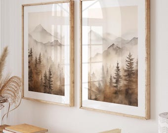 Neutral Mountain Landscape Set of 2 Prints, Printable Abstract Modern Wall Decor, Watercolor Nature Forest 2 Pieces Wall Art, Digital Art